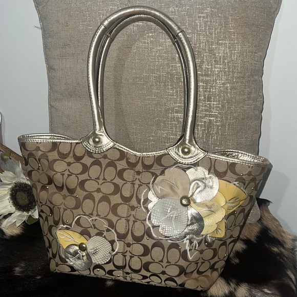 Coach Handbags - COACH Bleecker Signature Monogram Metallic Floral Tote Bag